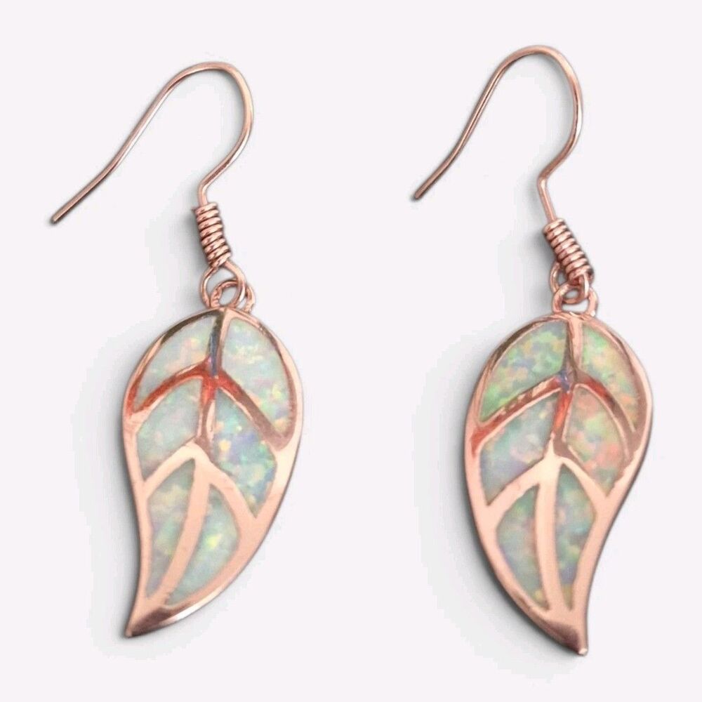 18k Rose Gold Plated Leaf Earrings Dangle Drop White Opal